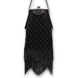 Whiting & Davis Black Chainmail Metal Mesh Fringe Art Deco Style Clutch Purse